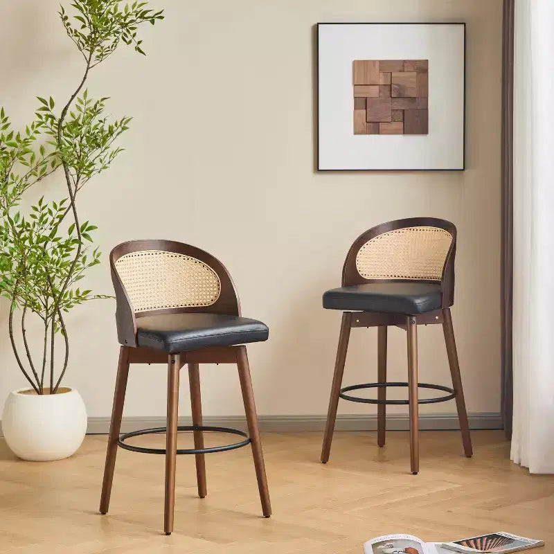 Sgabello da bar in rattan e similpelle beige/nero, set da 2