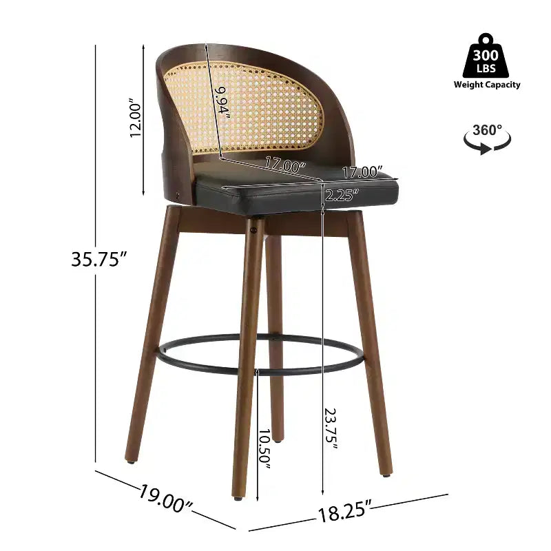Sgabello da bar in rattan e similpelle beige/nero, set da 2