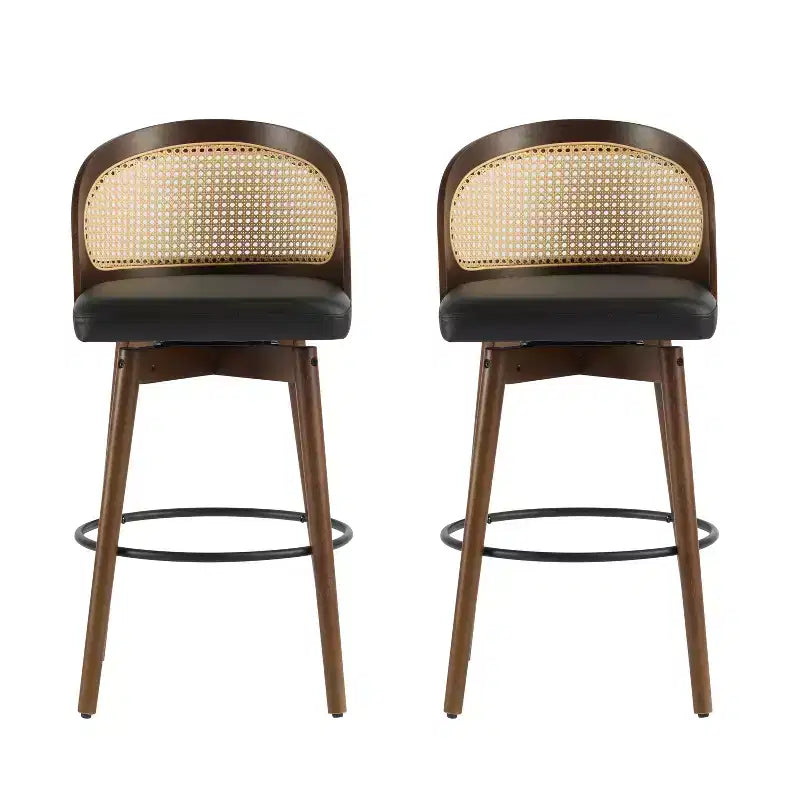 Sgabello da bar in rattan e similpelle beige/nero, set da 2