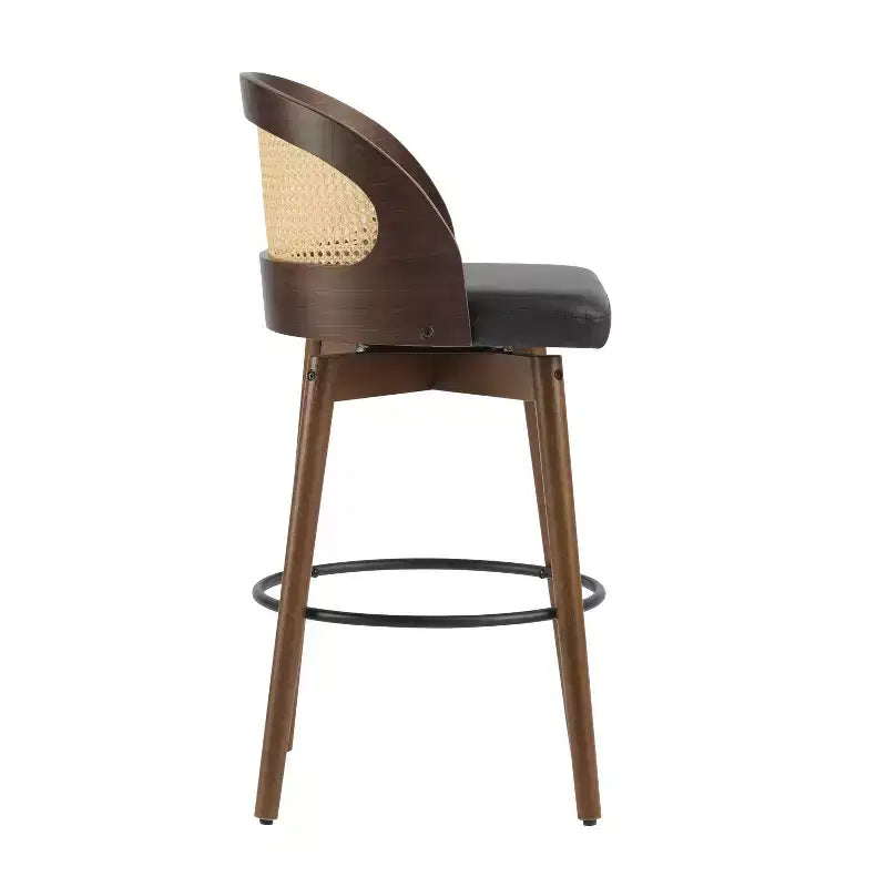 Sgabello da bar in rattan e similpelle beige/nero, set da 2