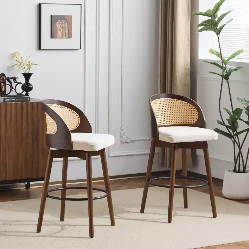 Sgabello da bar in rattan e similpelle beige/nero, set da 2