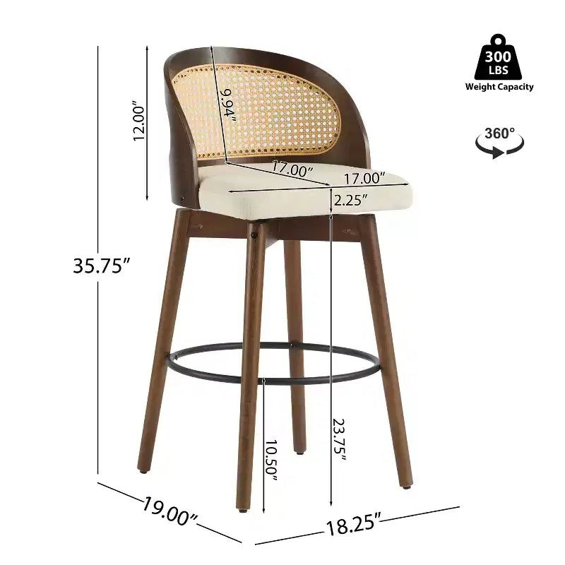 Sgabello da bar in rattan e similpelle beige/nero, set da 2