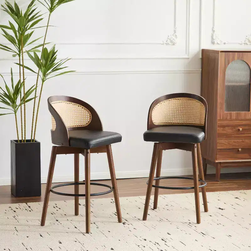 Sgabello da bar in rattan e similpelle beige/nero, set da 2