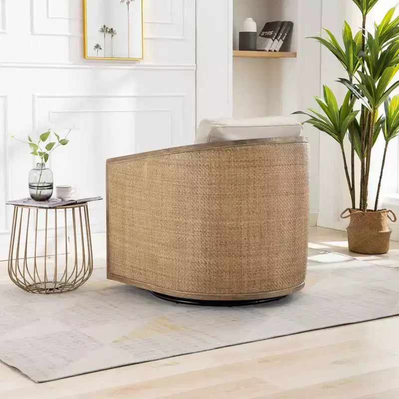 Poltrona a botte girevole in rattan e pelle marrone, poltroncina da salotto a 360° per 1 persona, soggiorno