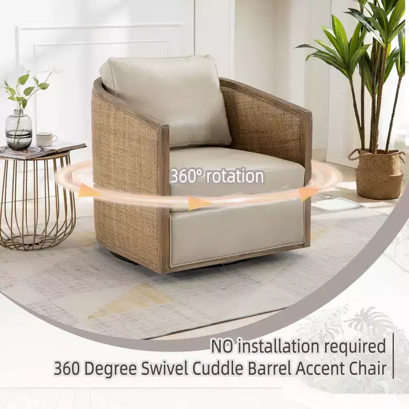 Poltrona a botte girevole in rattan e pelle marrone, poltroncina da salotto a 360° per 1 persona, soggiorno
