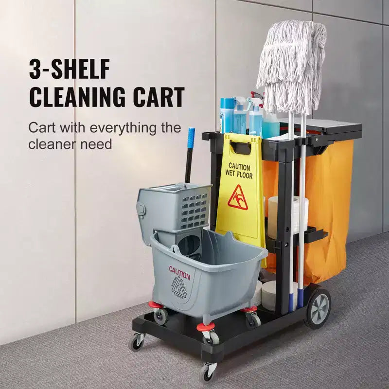 Carrello per pulizie in nero a 3 ripiani, uso singolo