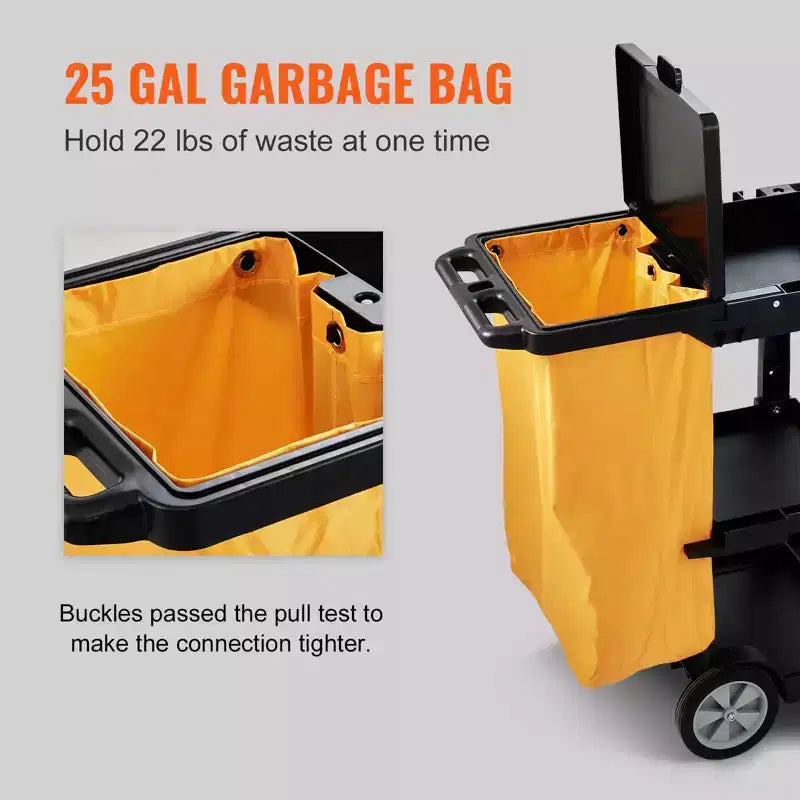 Carrello per pulizie in nero a 3 ripiani, uso singolo