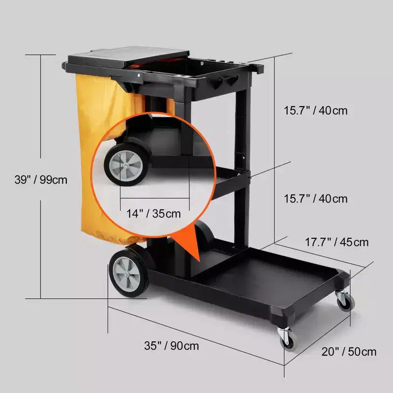 Carrello per pulizie in nero a 3 ripiani, uso singolo