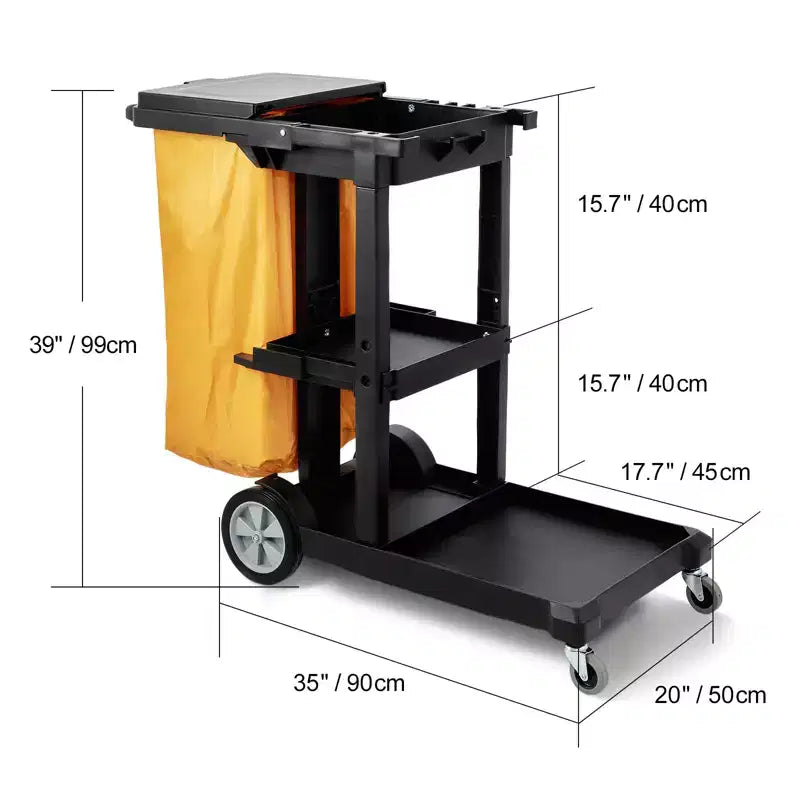 Carrello per pulizie in nero a 3 ripiani, uso singolo