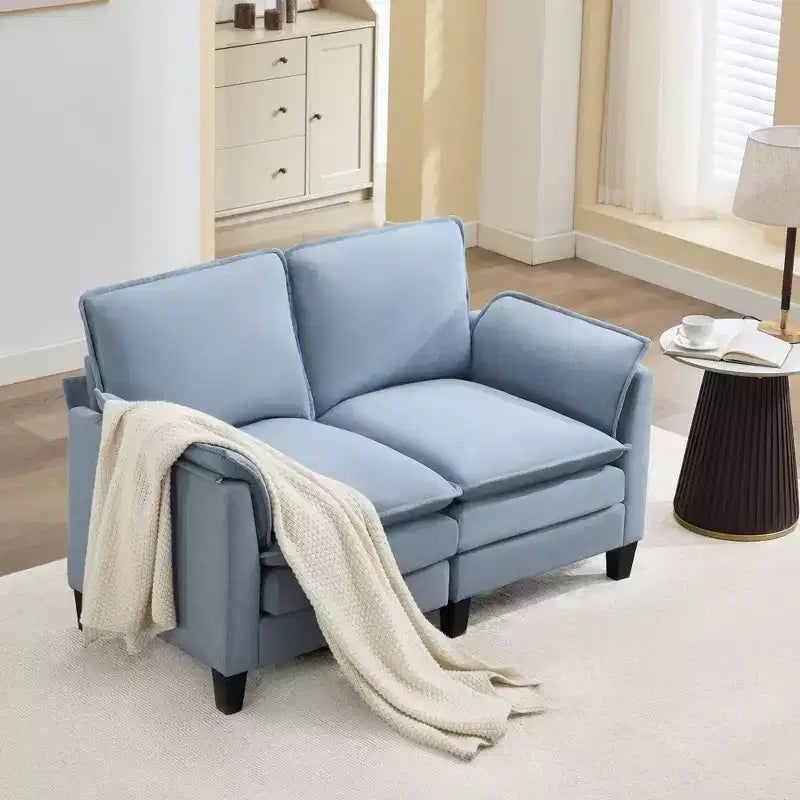 Divanetto in Lino Beige/Grigio/Blu scuro/Giallo, Divano a 2 Posti, 126 cm L