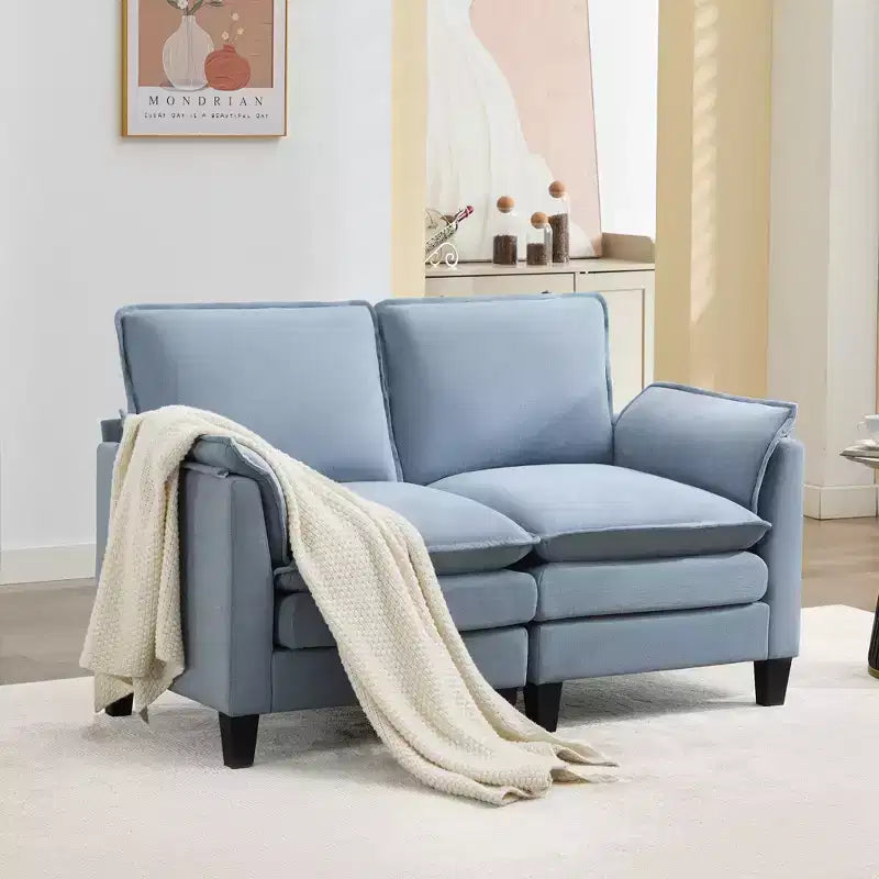 Divanetto in Lino Beige/Grigio/Blu scuro/Giallo, Divano a 2 Posti, 126 cm L