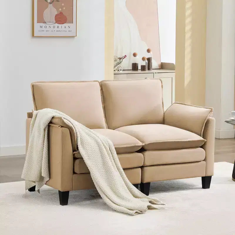 Divanetto in Lino Beige/Grigio/Blu scuro/Giallo, Divano a 2 Posti, 126 cm L
