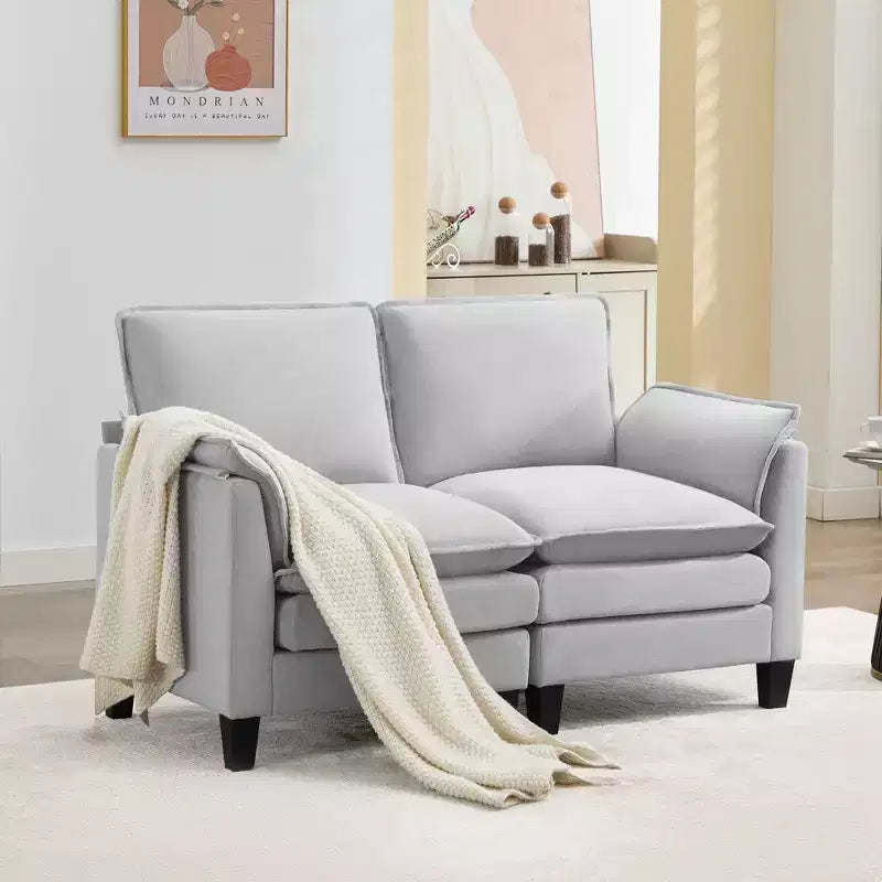 Divanetto in Lino Beige/Grigio/Blu scuro/Giallo, Divano a 2 Posti, 126 cm L