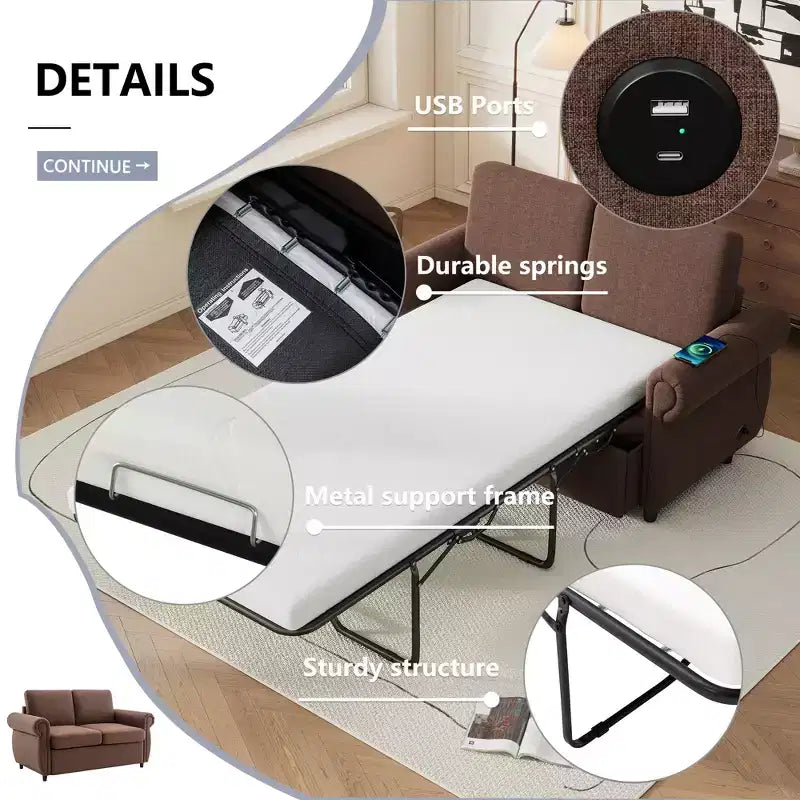 Divano letto estraibile a 2 posti, nero/marrone/grigio