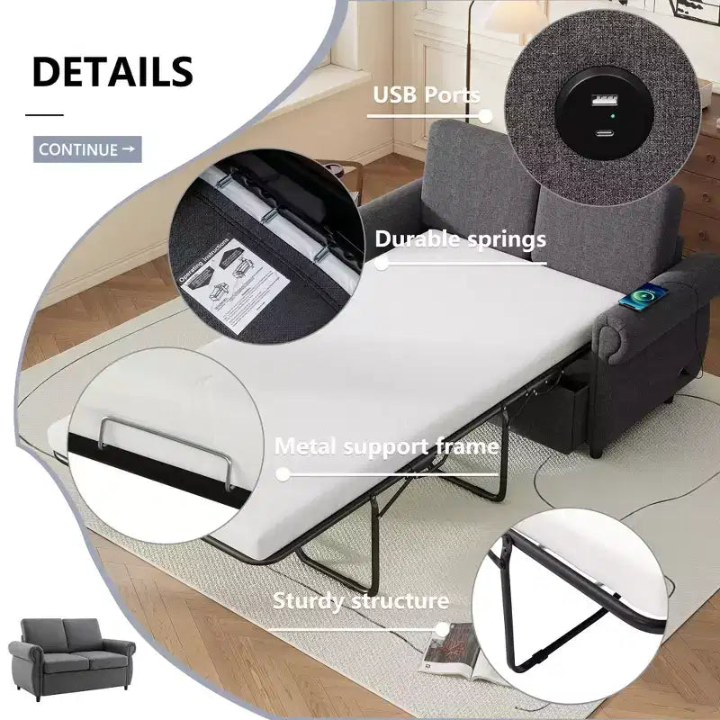 Divano letto estraibile a 2 posti, nero/marrone/grigio