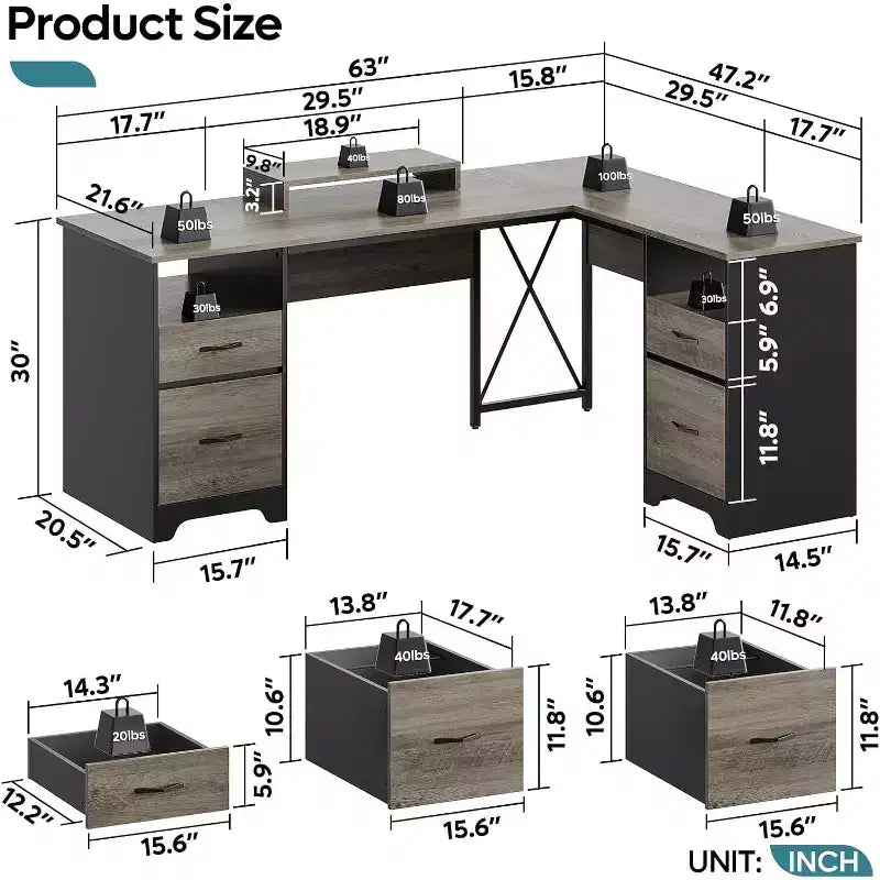 Scrivania a L con 4 cassetti e supporto monitor, Ciliegio/Grigio Lavato, Postazione singola
