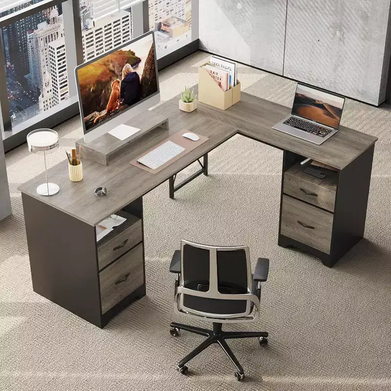 Scrivania a L con 4 cassetti e supporto monitor, Ciliegio/Grigio Lavato, Postazione singola