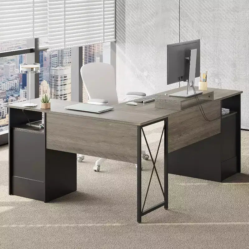 Scrivania a L con 4 cassetti e supporto monitor, Ciliegio/Grigio Lavato, Postazione singola