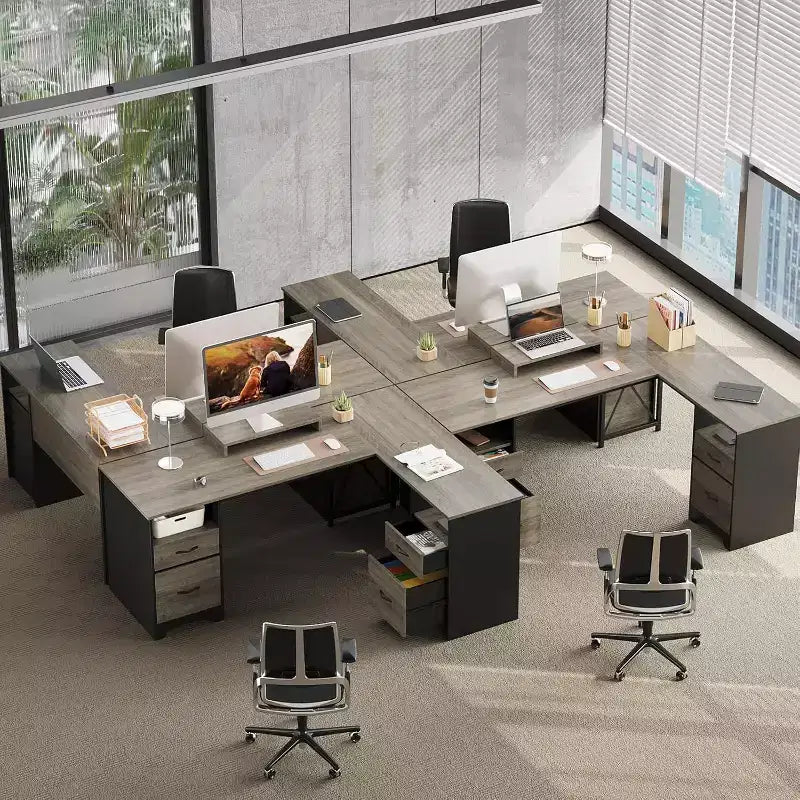 Scrivania a L con 4 cassetti e supporto monitor, Ciliegio/Grigio Lavato, Postazione singola