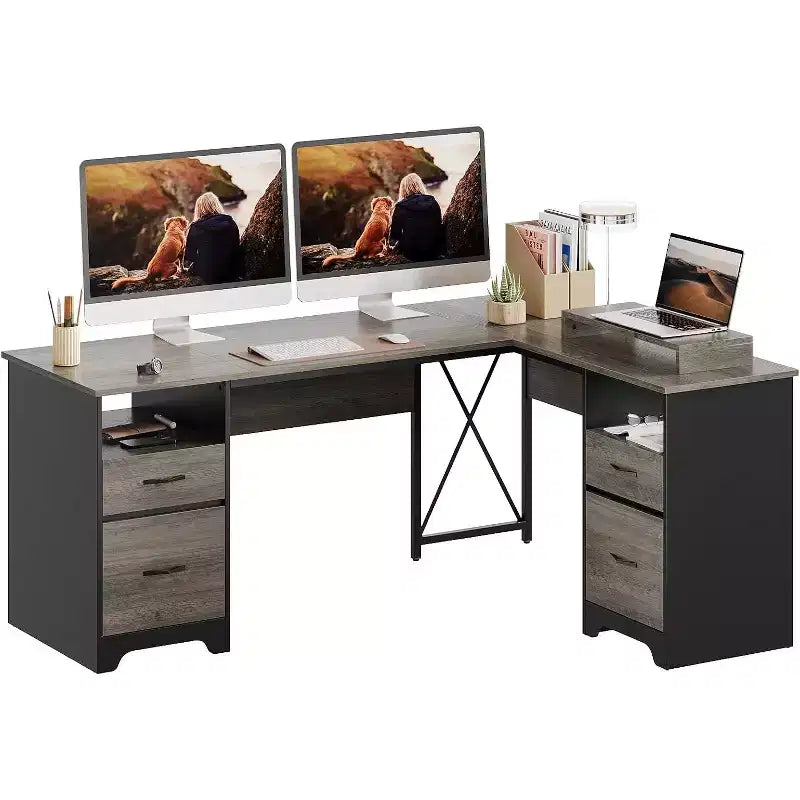 Scrivania a L con 4 cassetti e supporto monitor, Ciliegio/Grigio Lavato, Postazione singola