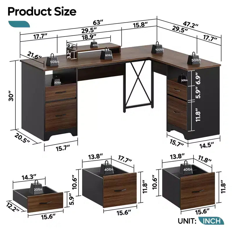 Scrivania a L con 4 cassetti e supporto monitor, Ciliegio/Grigio Lavato, Postazione singola