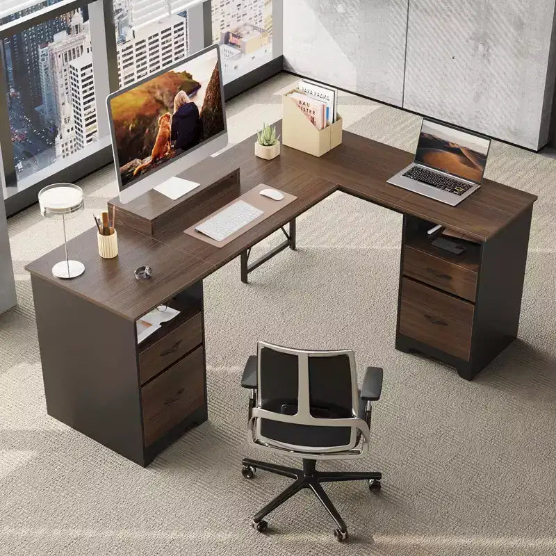 Scrivania a L con 4 cassetti e supporto monitor, Ciliegio/Grigio Lavato, Postazione singola