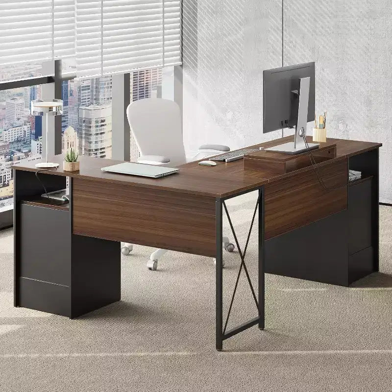 Scrivania a L con 4 cassetti e supporto monitor, Ciliegio/Grigio Lavato, Postazione singola