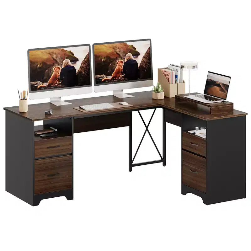 Scrivania a L con 4 cassetti e supporto monitor, Ciliegio/Grigio Lavato, Postazione singola