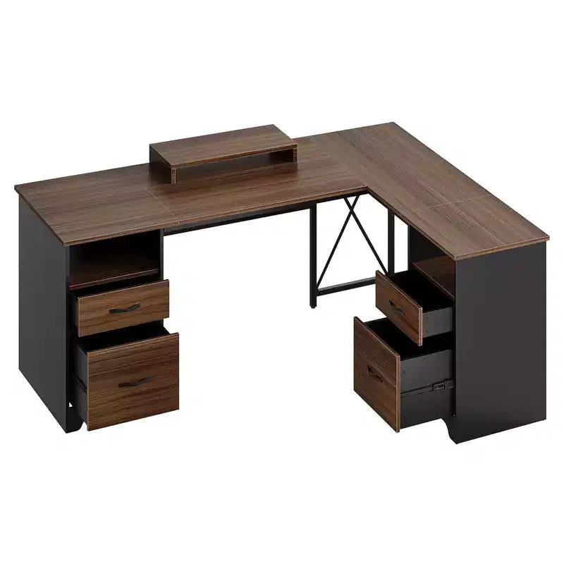 Scrivania a L con 4 cassetti e supporto monitor, Ciliegio/Grigio Lavato, Postazione singola