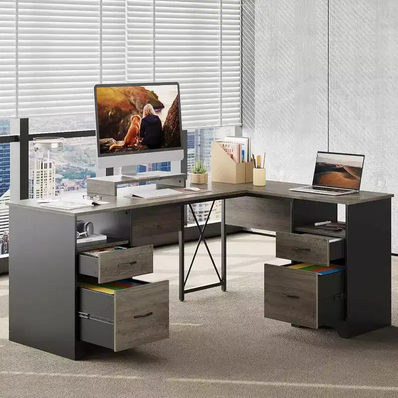Scrivania a L con 4 cassetti e supporto monitor, Ciliegio/Grigio Lavato, Postazione singola