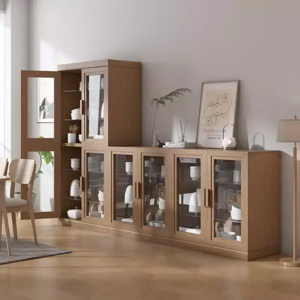 Wood Accent Cabinet, Storage Organizer with Adjustable Shelves and Glass Doors for Kitchen Bedroom Entryway Living Room Dinning Room