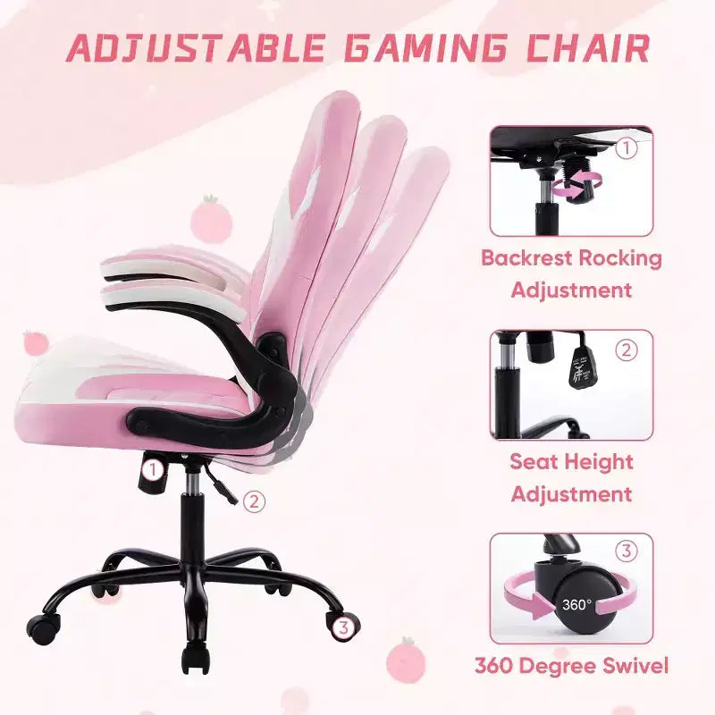 Sedia girevole in pelle sintetica (PU) blu/grigia/rosa/rossa con supporto lombare e braccioli ribaltabili, seduta singola