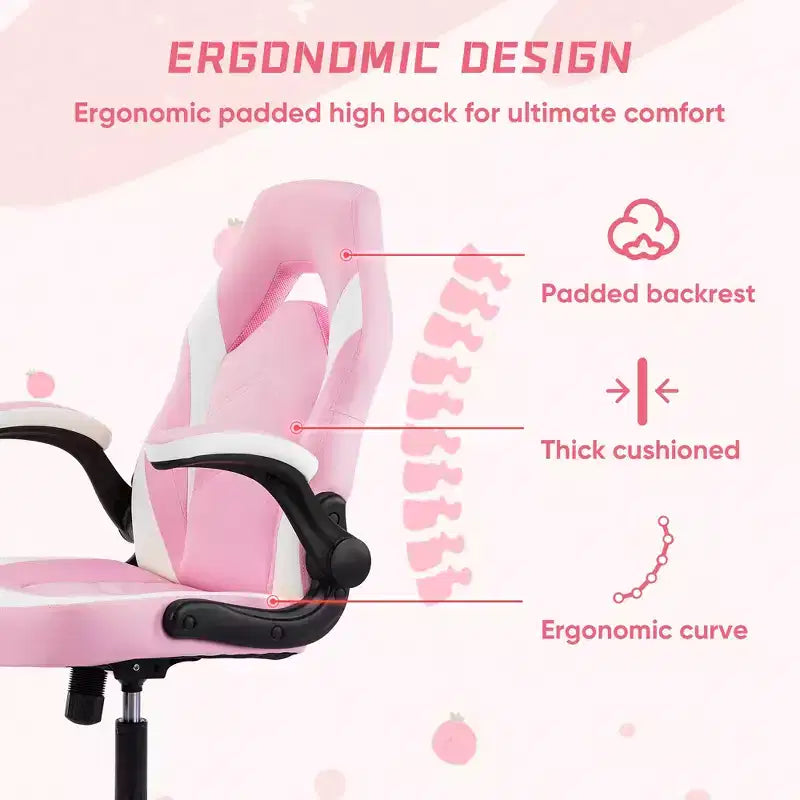 Sedia girevole in pelle sintetica (PU) blu/grigia/rosa/rossa con supporto lombare e braccioli ribaltabili, seduta singola