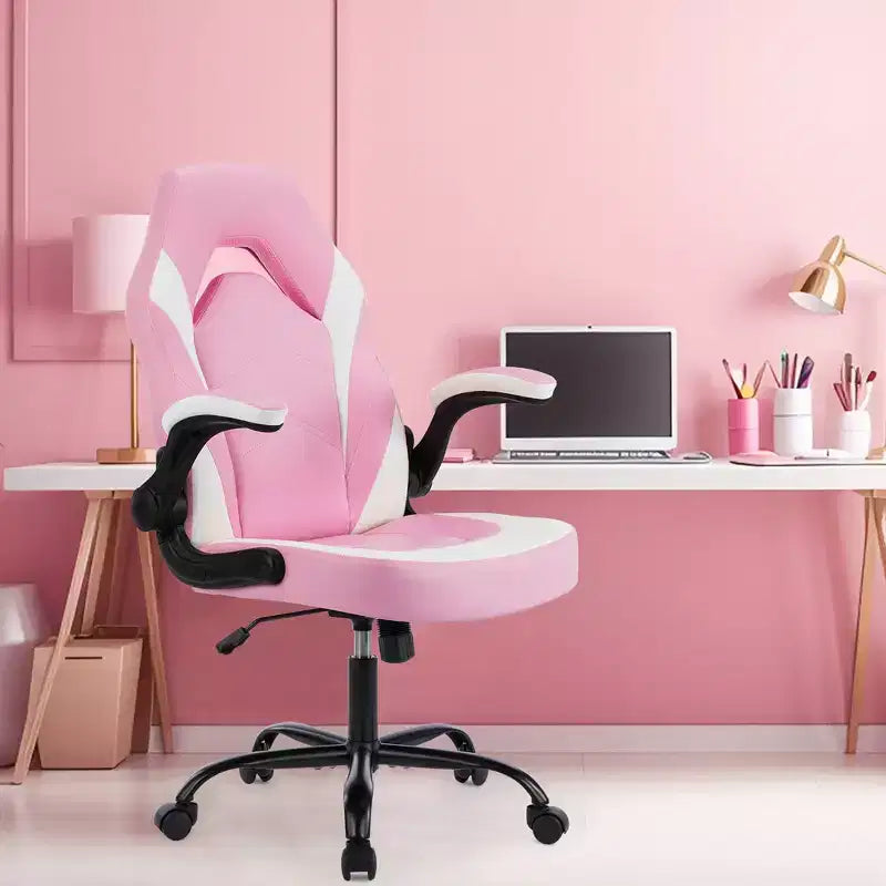Sedia girevole in pelle sintetica (PU) blu/grigia/rosa/rossa con supporto lombare e braccioli ribaltabili, seduta singola