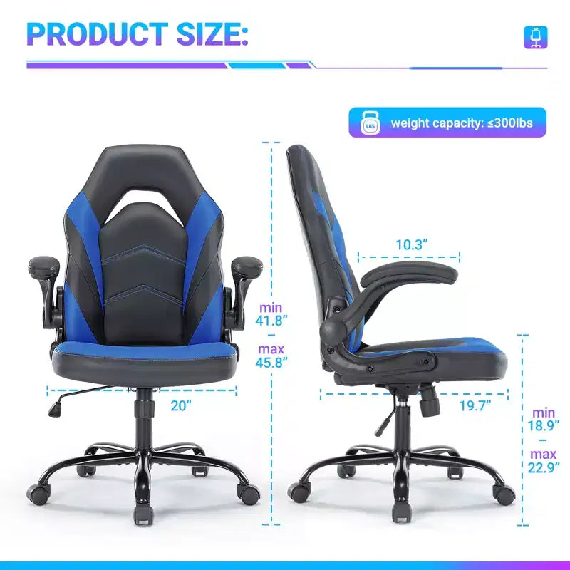 Sedia girevole in pelle sintetica (PU) blu/grigia/rosa/rossa con supporto lombare e braccioli ribaltabili, seduta singola