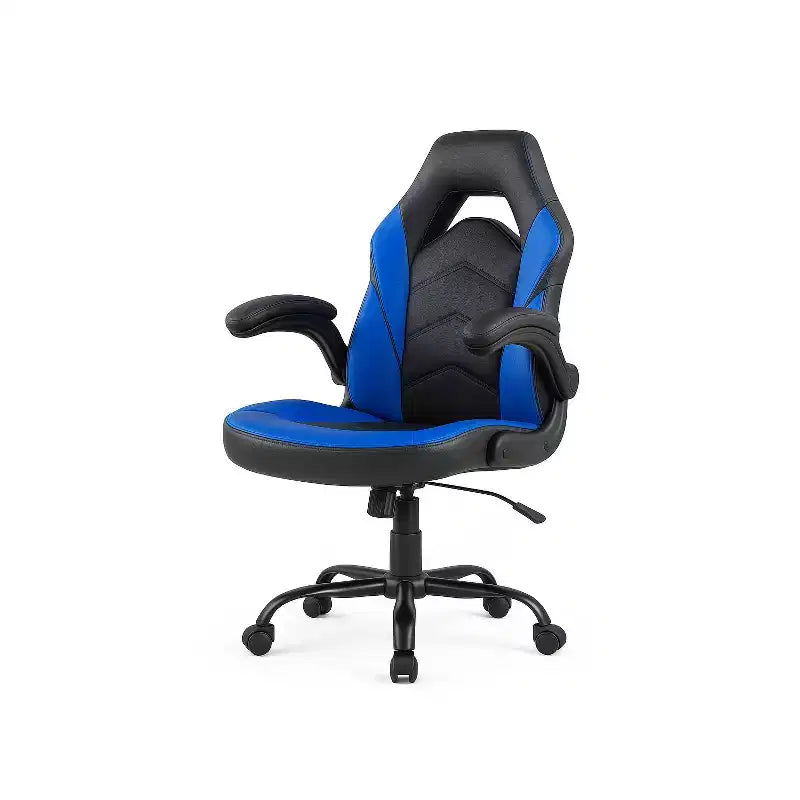 Sedia girevole in pelle sintetica (PU) blu/grigia/rosa/rossa con supporto lombare e braccioli ribaltabili, seduta singola