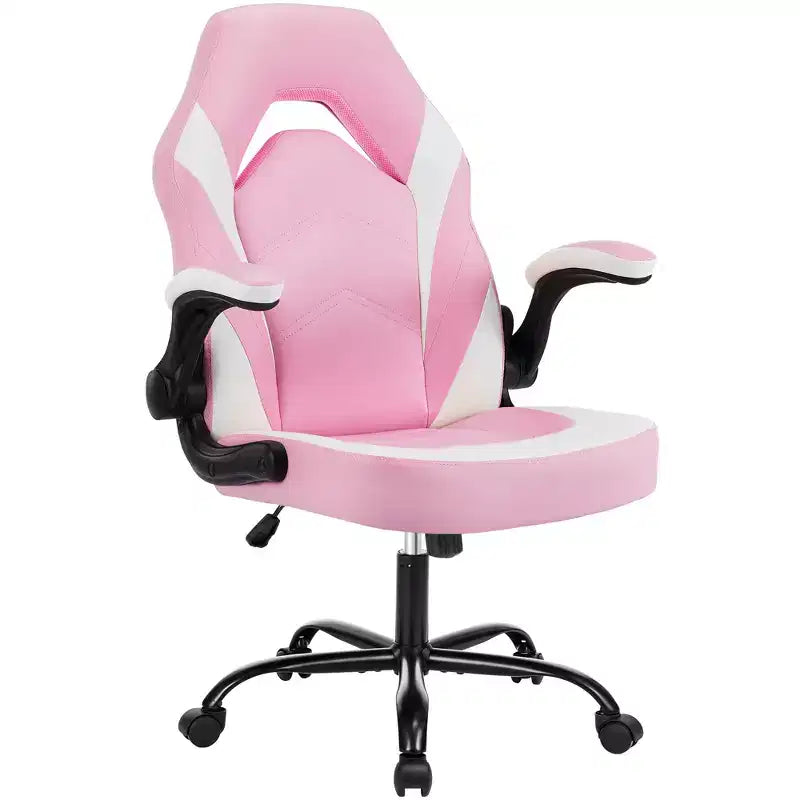 Sedia girevole in pelle sintetica (PU) blu/grigia/rosa/rossa con supporto lombare e braccioli ribaltabili, seduta singola