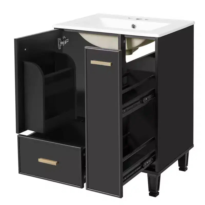 Mobile lavabo da bagno nero da 60 cm con cassetto e cesto estraibile