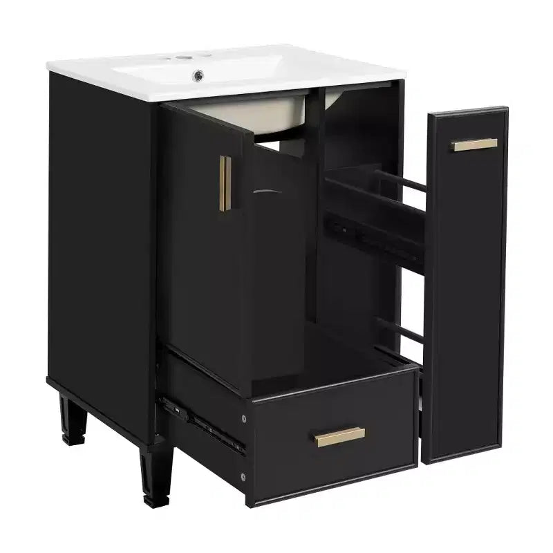 Mobile lavabo da bagno nero da 60 cm con cassetto e cesto estraibile