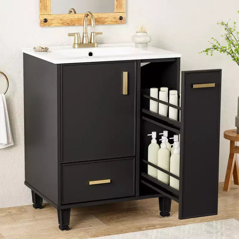 Mobile lavabo da bagno nero da 60 cm con cassetto e cesto estraibile