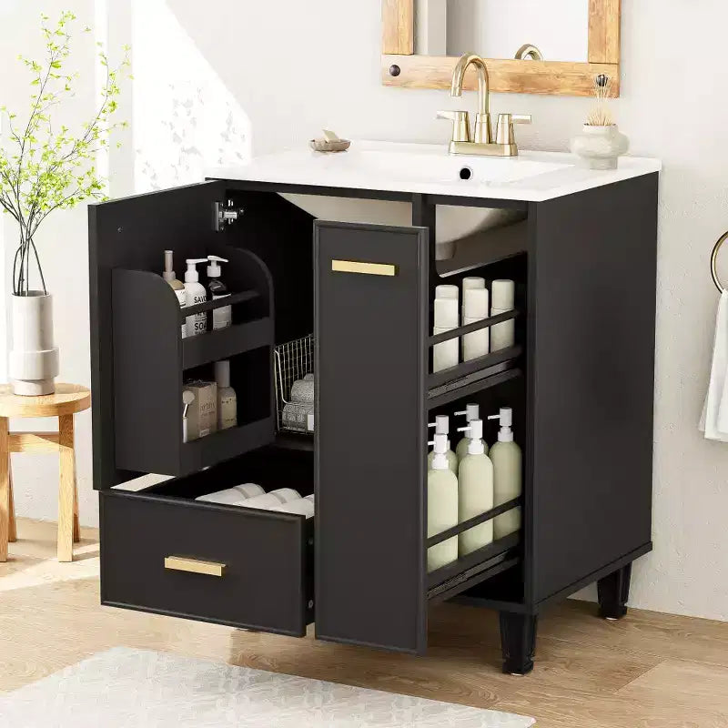 Mobile lavabo da bagno nero da 60 cm con cassetto e cesto estraibile