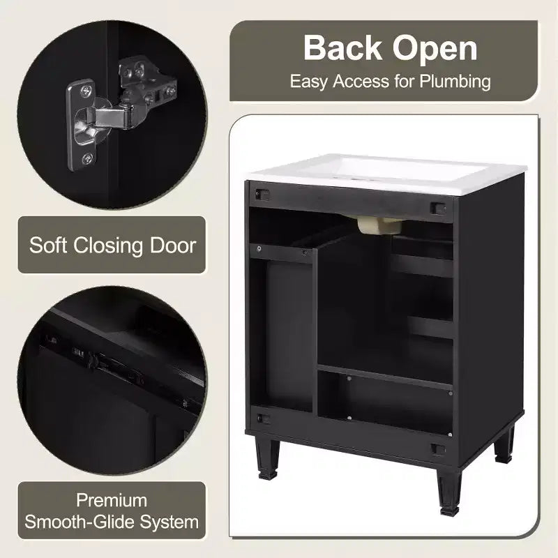 Mobile lavabo da bagno nero da 60 cm con cassetto e cesto estraibile