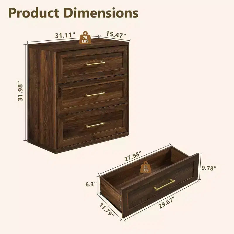 Comodino a 3 cassetti, nero / marrone / rovere naturale / marrone rustico / bianco, legno, 1 persona