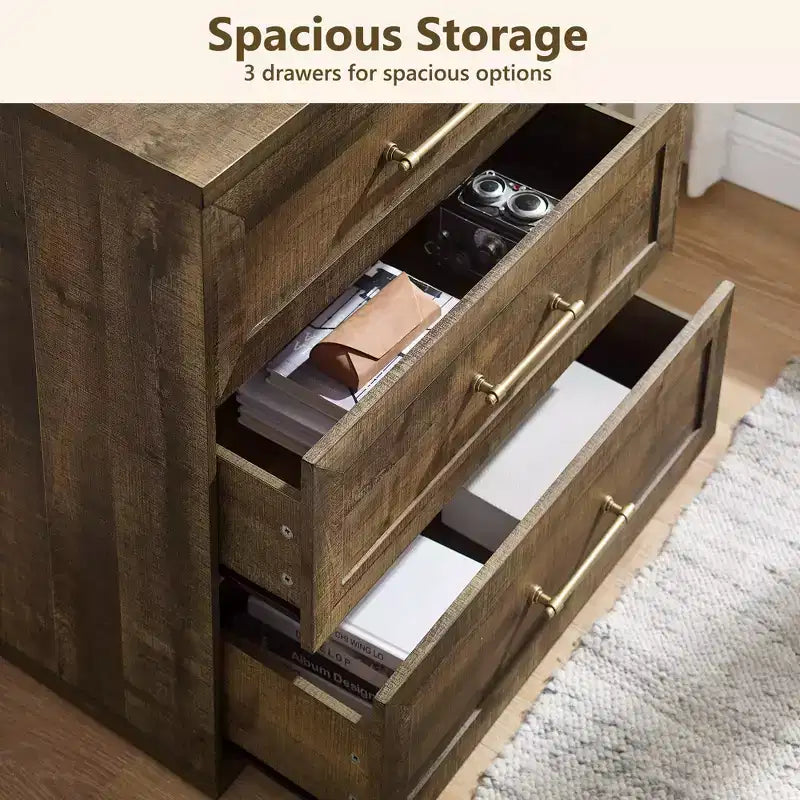 Comodino a 3 cassetti, nero / marrone / rovere naturale / marrone rustico / bianco, legno, 1 persona