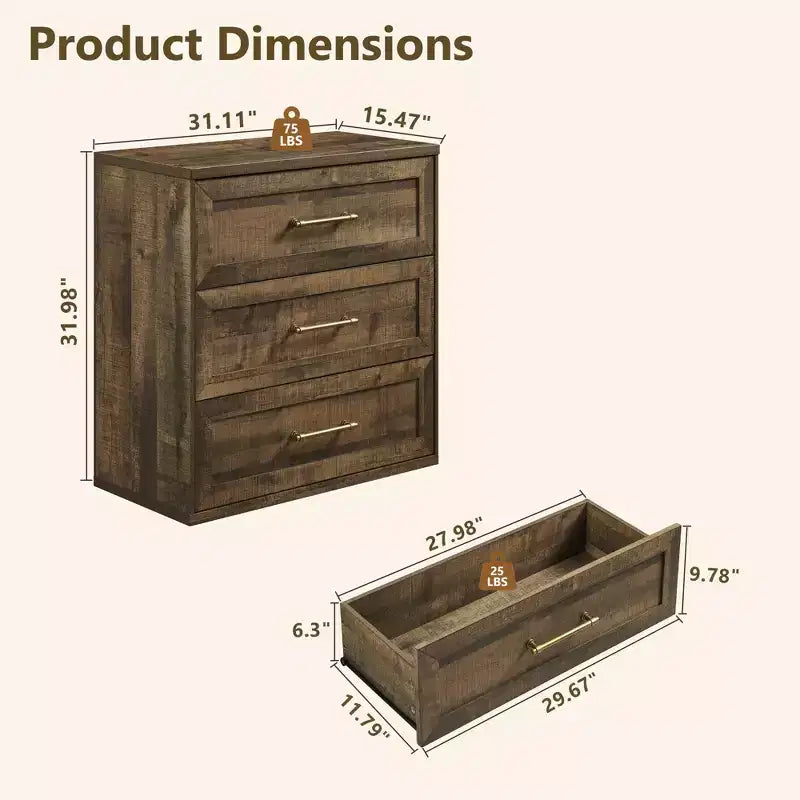 Comodino a 3 cassetti, nero / marrone / rovere naturale / marrone rustico / bianco, legno, 1 persona