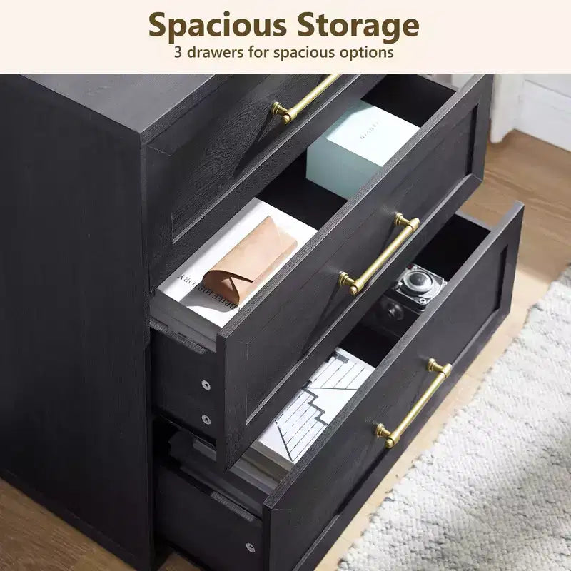 Comodino a 3 cassetti, nero / marrone / rovere naturale / marrone rustico / bianco, legno, 1 persona