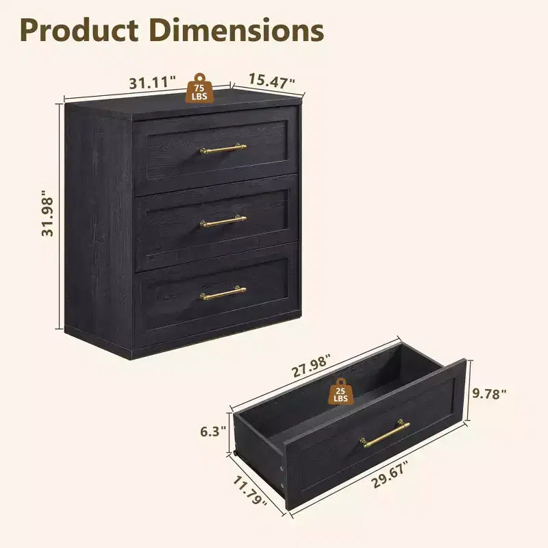 Comodino a 3 cassetti, nero / marrone / rovere naturale / marrone rustico / bianco, legno, 1 persona