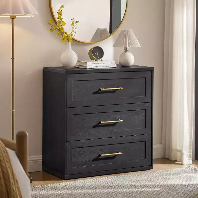 Comodino a 3 cassetti, nero / marrone / rovere naturale / marrone rustico / bianco, legno, 1 persona