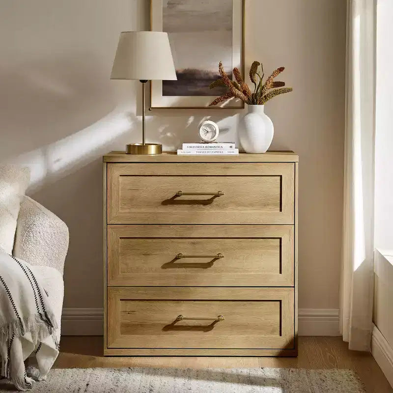 Comodino a 3 cassetti, nero / marrone / rovere naturale / marrone rustico / bianco, legno, 1 persona