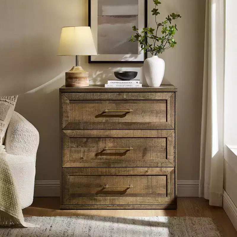 Comodino a 3 cassetti, nero / marrone / rovere naturale / marrone rustico / bianco, legno, 1 persona